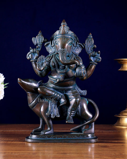 Brass Ganesha on Mouse Idol antique bronze tone | 10" - Budhshiv.com