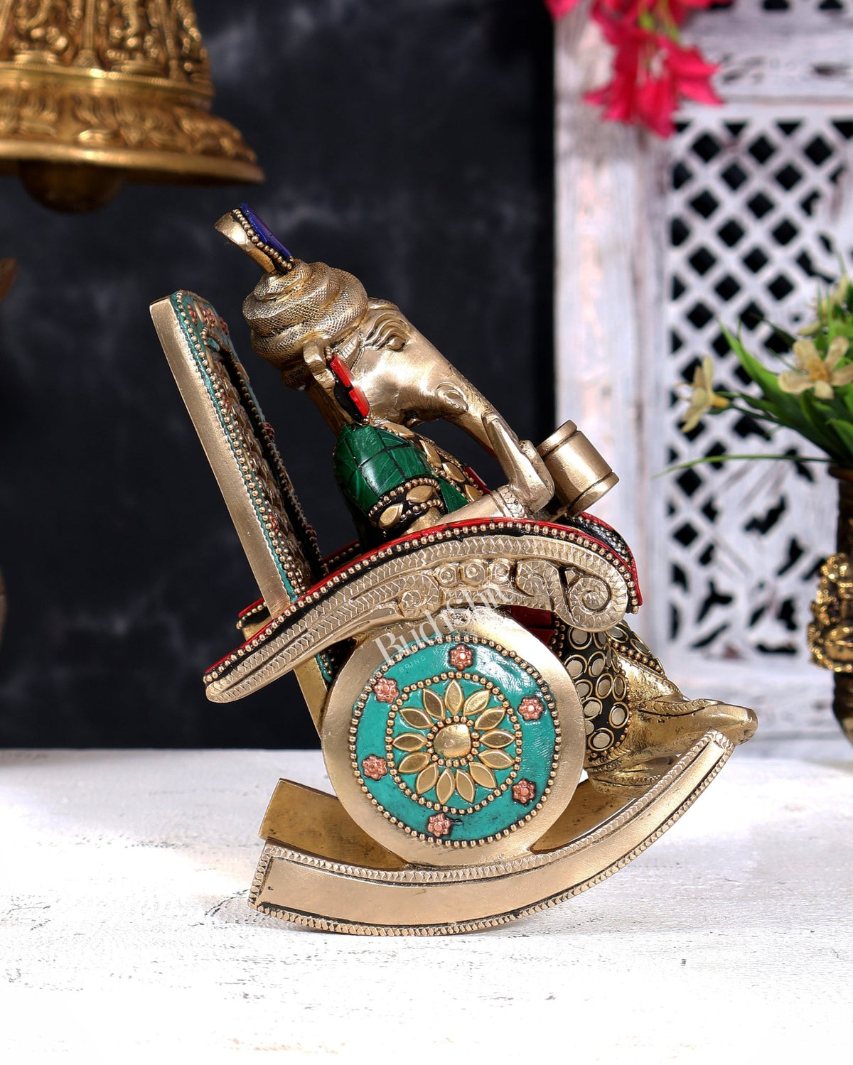 Brass Ganesha on Rocking Chair – Cute Relaxing Idol Gift 6.5 inch with Stonework - Budhshiv.com