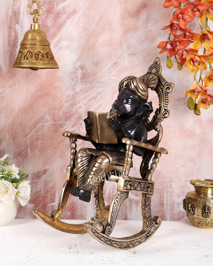 Brass Ganesha on Rocking Chair Reading Book – Black Edition Handcrafted Statue (17.5 Inches) - Budhshiv.com