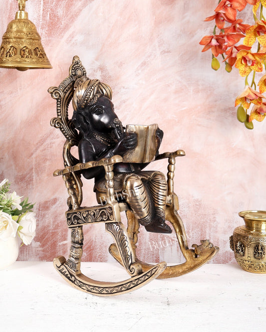 Brass Ganesha on Rocking Chair Reading Book – Black Edition Handcrafted Statue (17.5 Inches) - Budhshiv.com