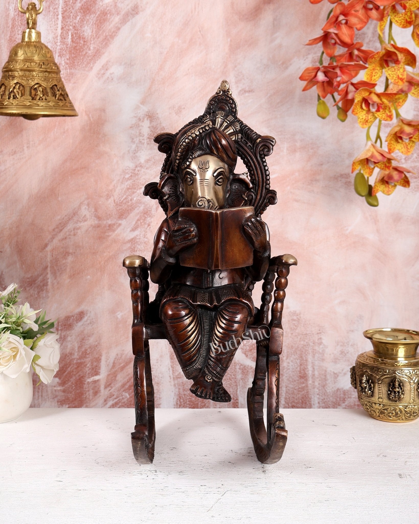 Brass Ganesha on Rocking Chair Reading Book – Brown Tone Handcrafted Statue (17.5 Inches) - Budhshiv.com
