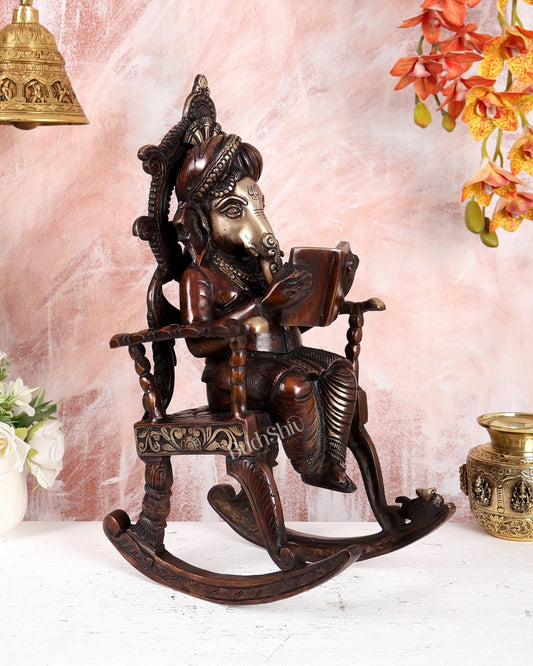 Brass Ganesha on Rocking Chair Reading Book – Brown Tone Handcrafted Statue (17.5 Inches) - Budhshiv.com