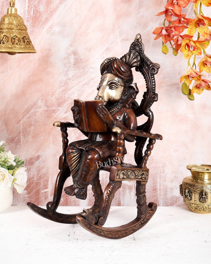 Brass Ganesha on Rocking Chair Reading Book – Brown Tone Handcrafted Statue (17.5 Inches) - Budhshiv.com