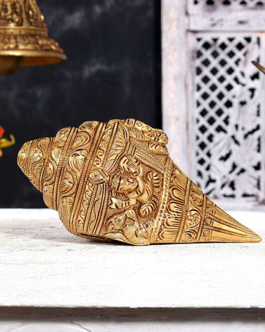 Brass Ganesha Playing Conch (Shankh) – Musician Idol | Auspicious Gift & Showpiece 8" - Budhshiv.com