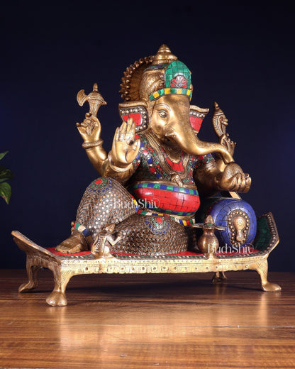 Brass Ganesha resting Statue with Stonework - 16 Inch - Budhshiv.com