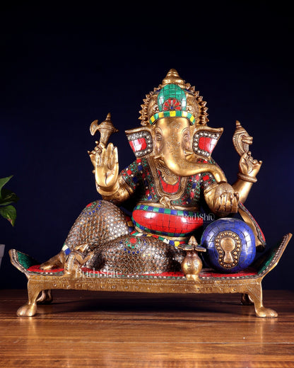 Brass Ganesha resting Statue with Stonework - 16 Inch - Budhshiv.com