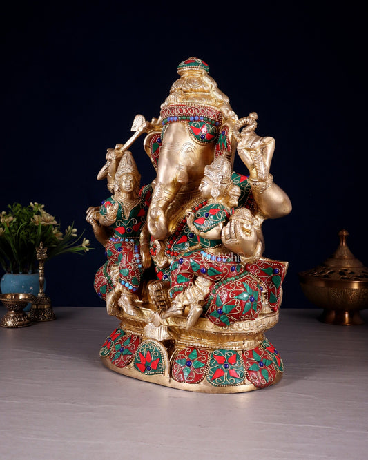 Brass Ganesha Riddhi Siddhi sculpture - 12 Inch - Budhshiv.com