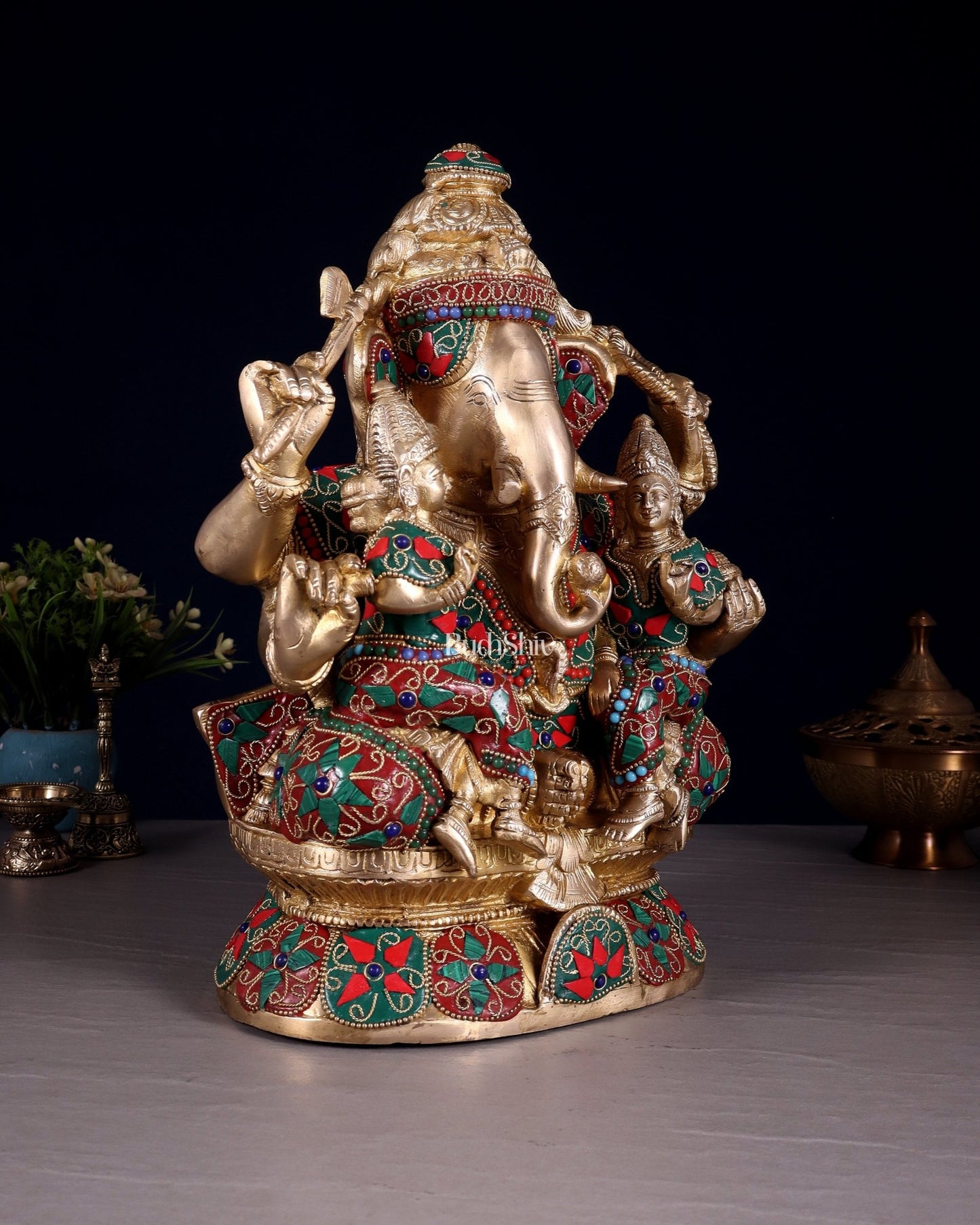 Brass Ganesha Riddhi Siddhi sculpture - 12 Inch - Budhshiv.com