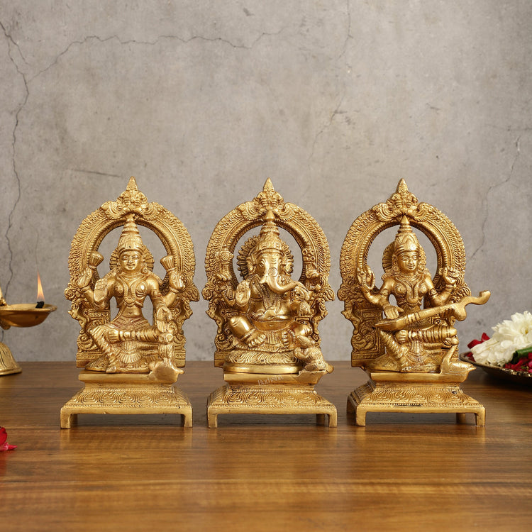 Brass Ganesha, Saraswati, Lakshmi 7.5" - Budhshiv.com