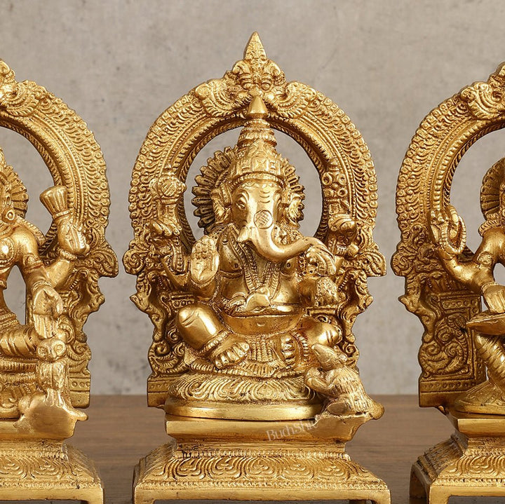 Brass Ganesha, Saraswati, Lakshmi 7.5" - Budhshiv.com