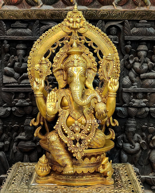 Brass Ganesha Seated on Round Throne with Prabhavali 26" - Budhshiv.com