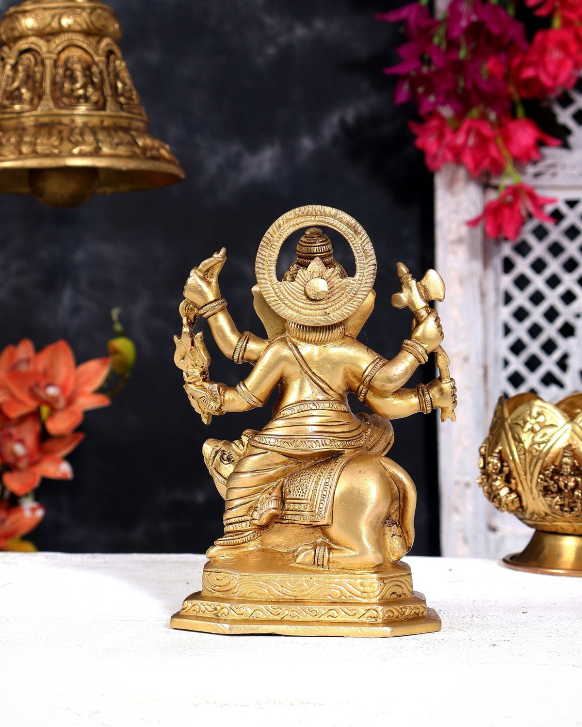 Brass Ganesha Sitting on Mooshak (Mouse) Statue — Unique Form 6 inch - Budhshiv.com