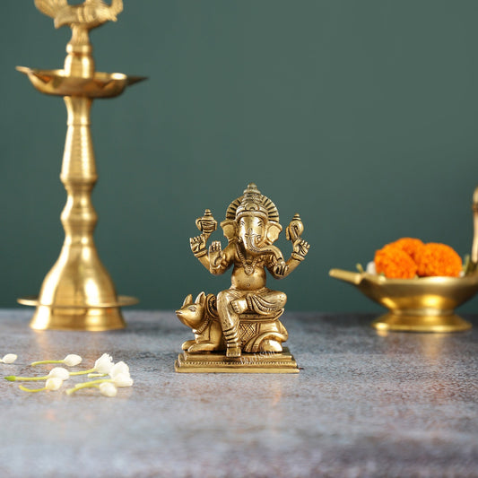 Brass Ganesha sitting on mouse idol 5" - Budhshiv.com