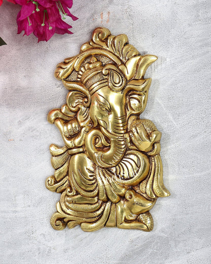 Brass Ganesha Sitting on Mouse Wall Hanging – Auspicious Handcrafted Lord Ganapati Wall Décor 10 inch - Budhshiv.com