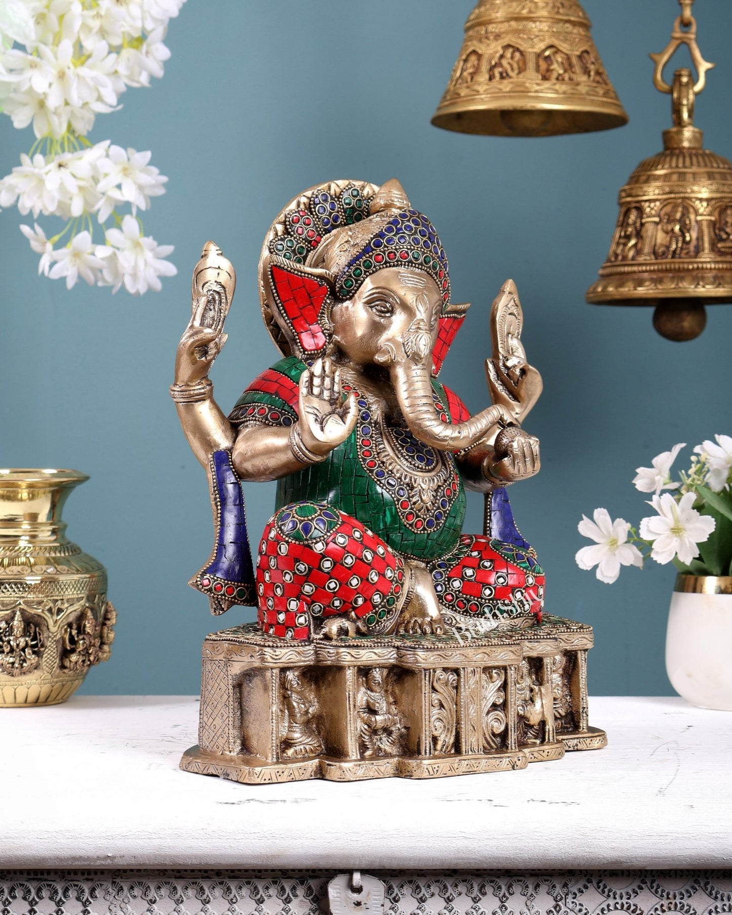 Brass Ganesha Statue | 12 - inch with stonework - Budhshiv.com