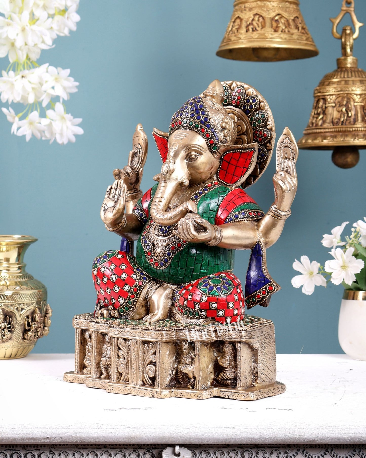 Brass Ganesha Statue | 12 - inch with stonework - Budhshiv.com