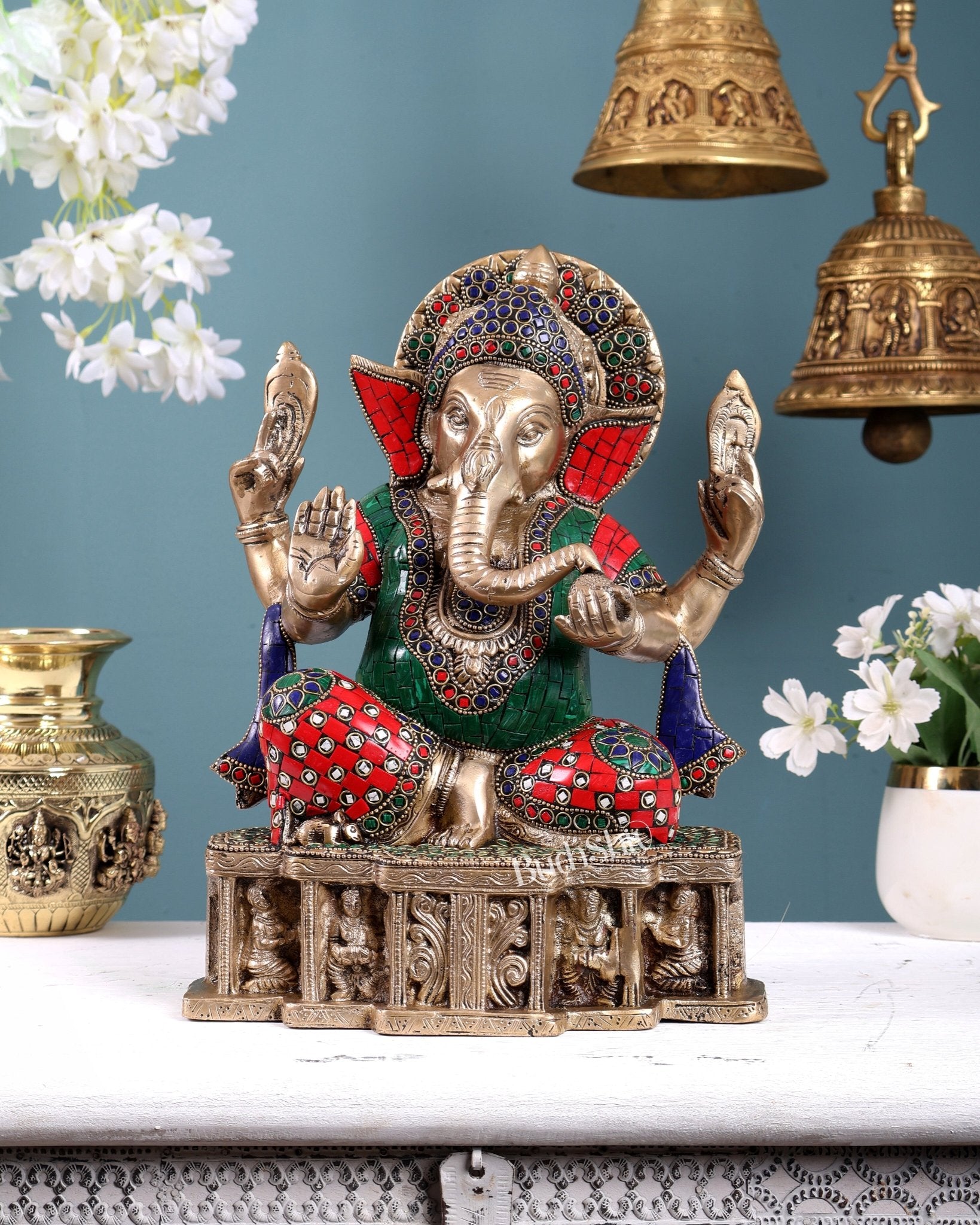 Brass Ganesha Statue | 12 - inch with stonework - Budhshiv.com