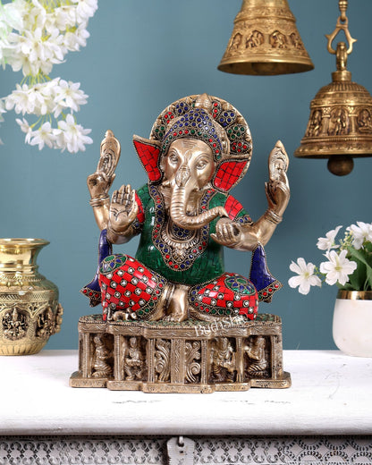 Brass Ganesha Statue | 12 - inch with stonework - Budhshiv.com