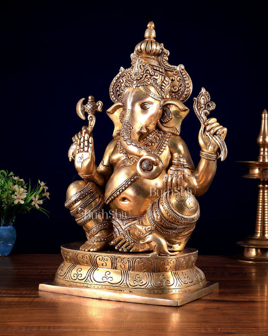 Brass Ganesha statue 16 inch enhanced carvings - Budhshiv.com