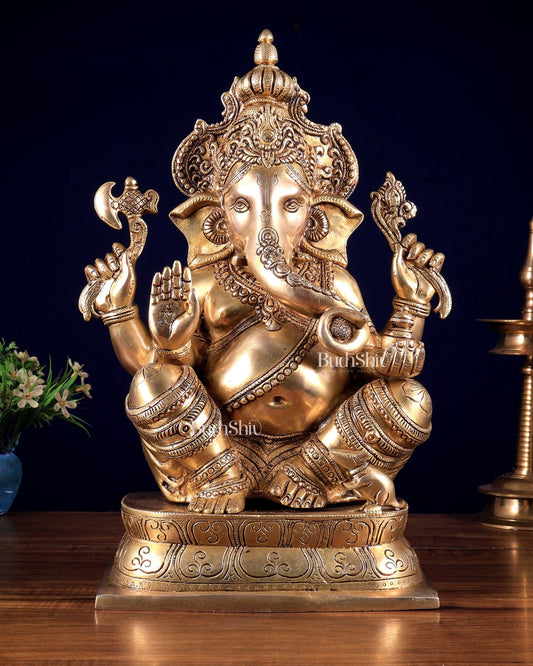 Brass Ganesha statue 16 inch enhanced carvings - Budhshiv.com