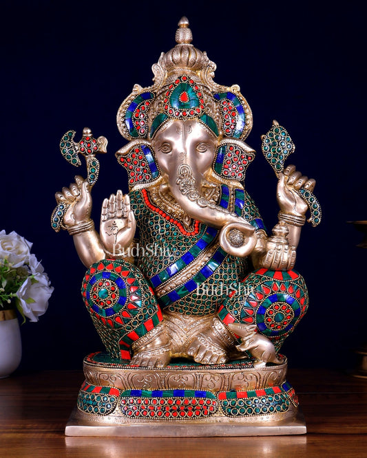 Brass Ganesha statue 16 inch with Stonework - Budhshiv.com