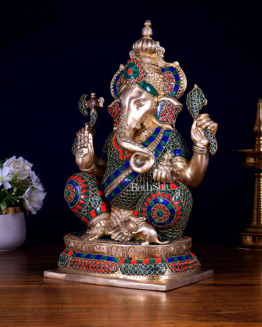 Brass Ganesha statue 16 inch with Stonework - Budhshiv.com