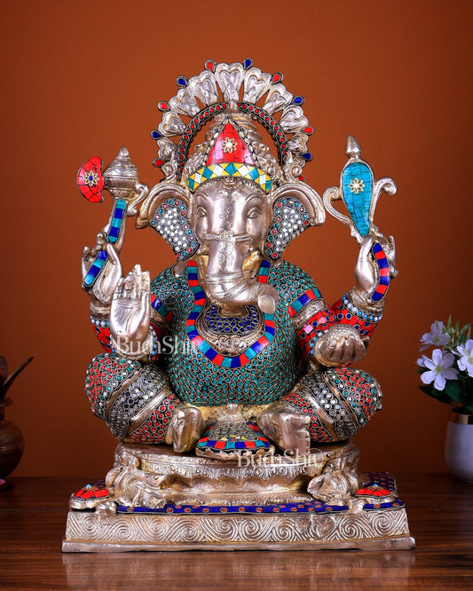 Brass Ganesha Statue 20 inch with meenakari Stonework - Budhshiv.com