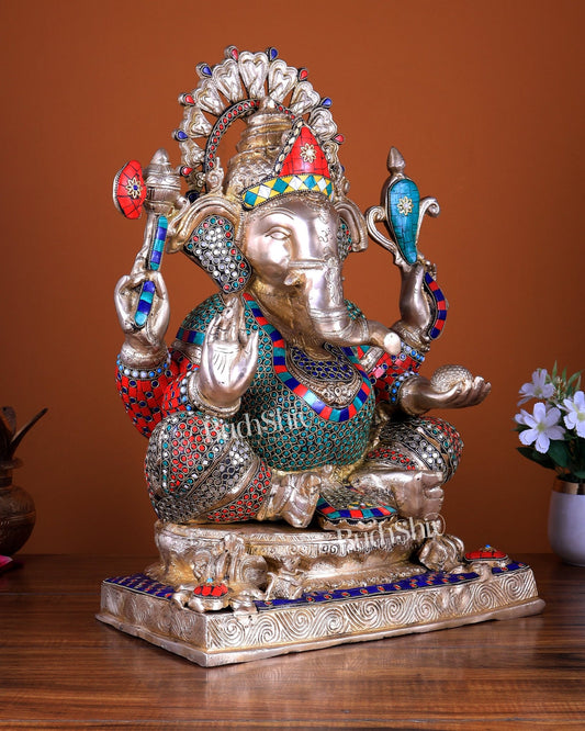 Brass Ganesha Statue 20 inch with meenakari Stonework - Budhshiv.com