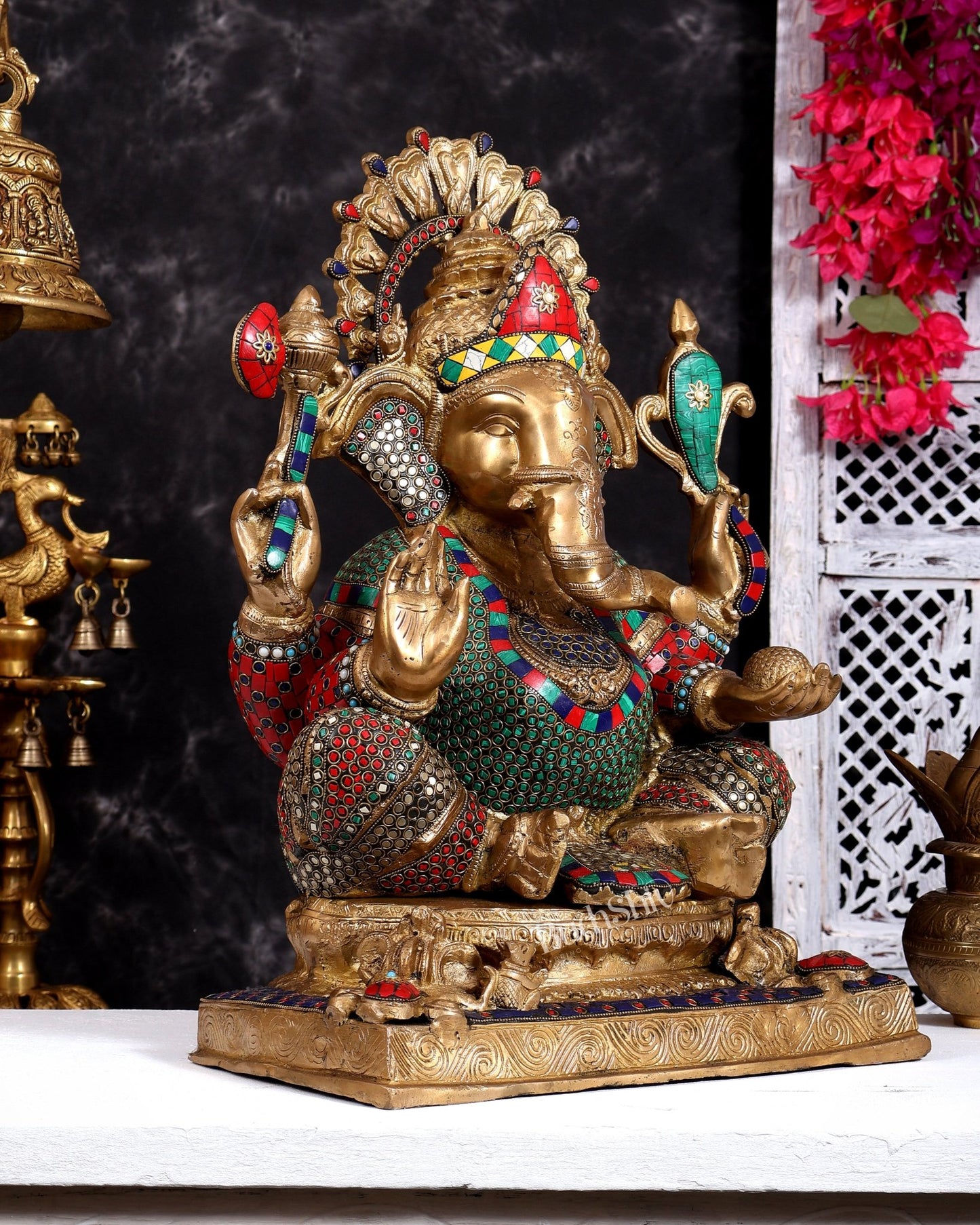 Brass Ganesha Statue 20 inch with Stonework - Budhshiv.com