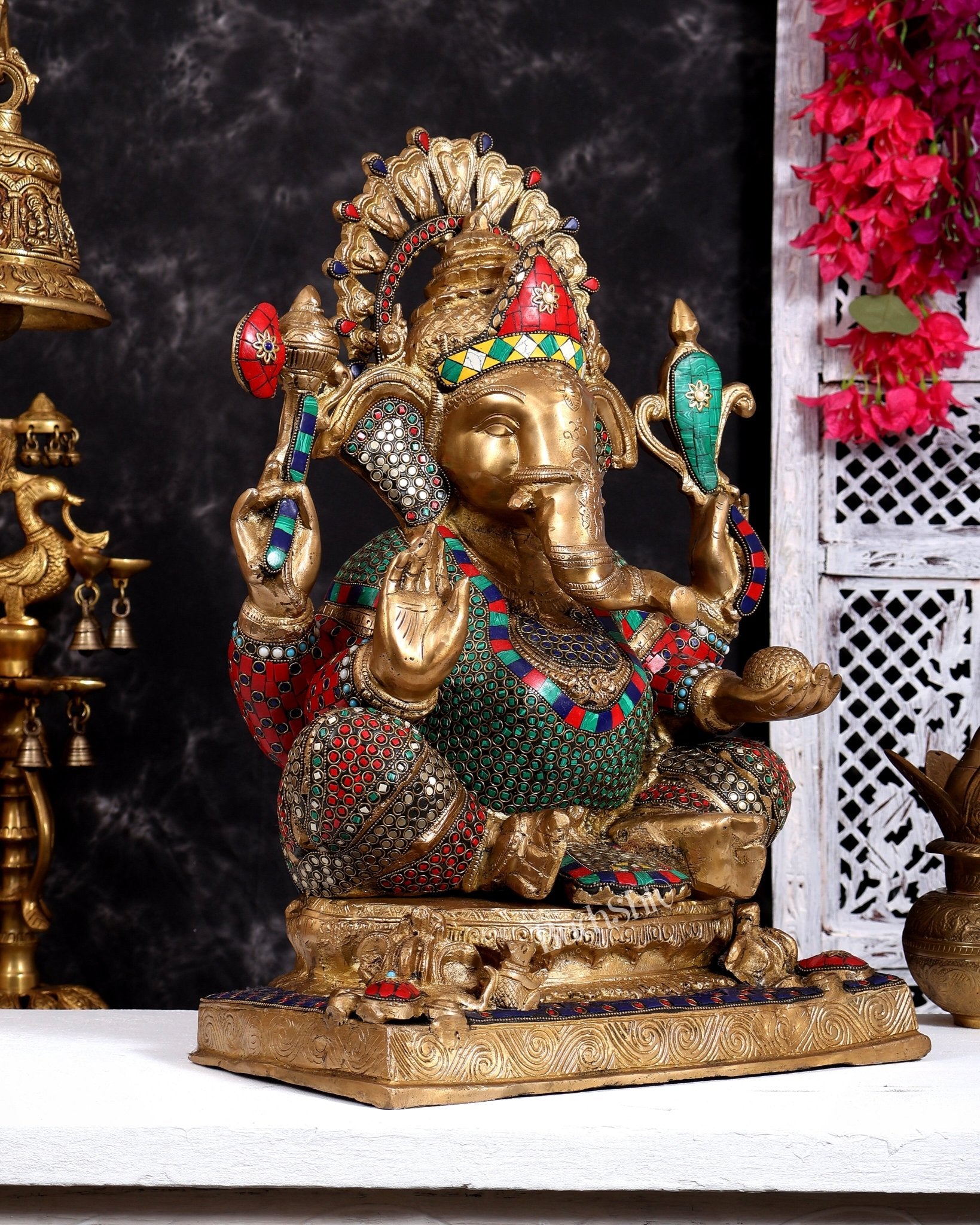 Brass Ganesha Statue 20 inch with Stonework - Budhshiv.com
