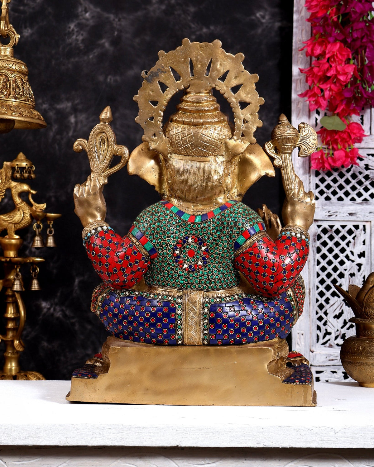 Brass Ganesha Statue 20 inch with Stonework - Budhshiv.com