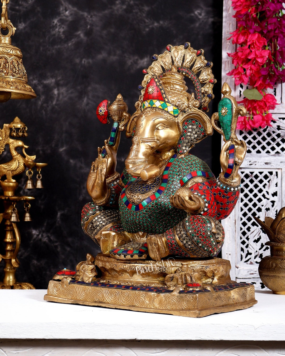 Brass Ganesha Statue 20 inch with Stonework - Budhshiv.com