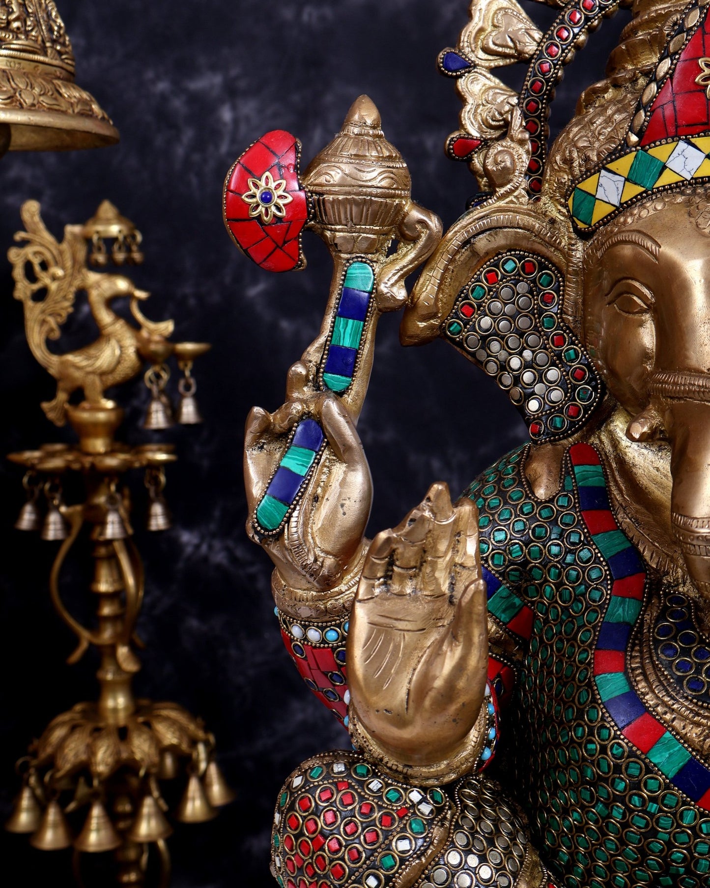 Brass Ganesha Statue 20 inch with Stonework - Budhshiv.com