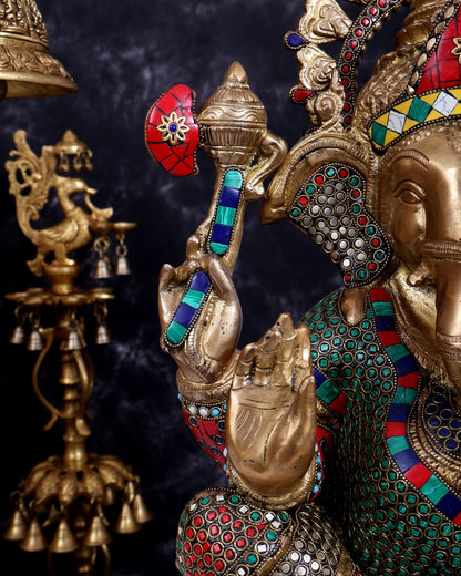 Brass Ganesha Statue 20 inch with Stonework - Budhshiv.com