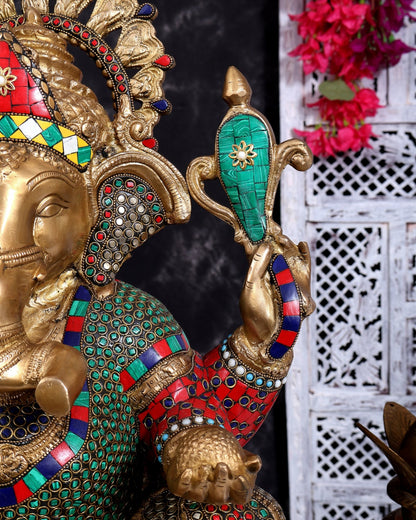Brass Ganesha Statue 20 inch with Stonework - Budhshiv.com