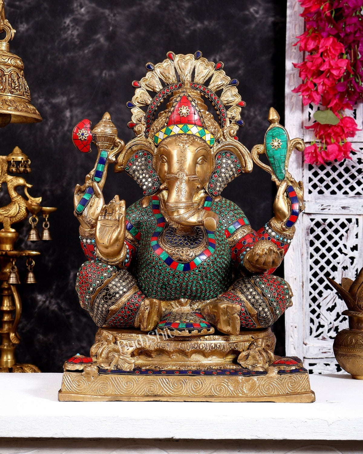 Brass Ganesha Statue 20 inch with Stonework - Budhshiv.com