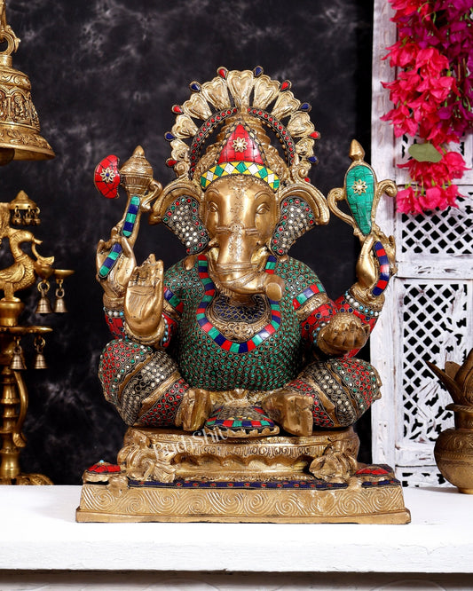 Brass Ganesha Statue 20 inch with Stonework - Budhshiv.com