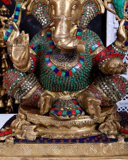 Brass Ganesha Statue 20 inch with Stonework - Budhshiv.com