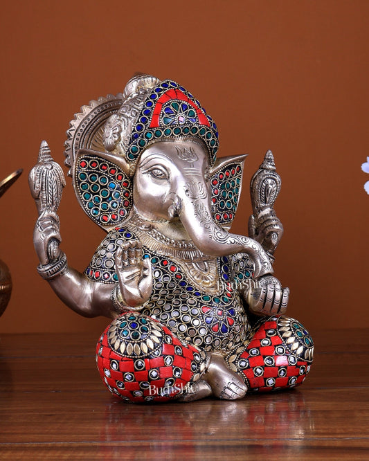 Brass Ganesha Statue 8.5 inch stonework - Budhshiv.com