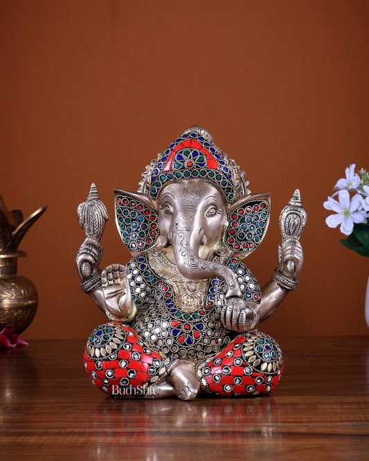 Brass Ganesha Statue 8.5 inch stonework - Budhshiv.com