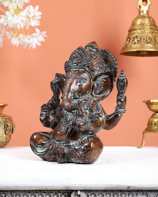 Brass Ganesha Statue 8.5 inch super antique tone - Budhshiv.com