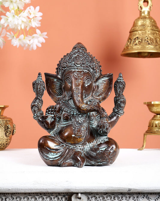 Brass Ganesha Statue 8.5 inch super antique tone - Budhshiv.com
