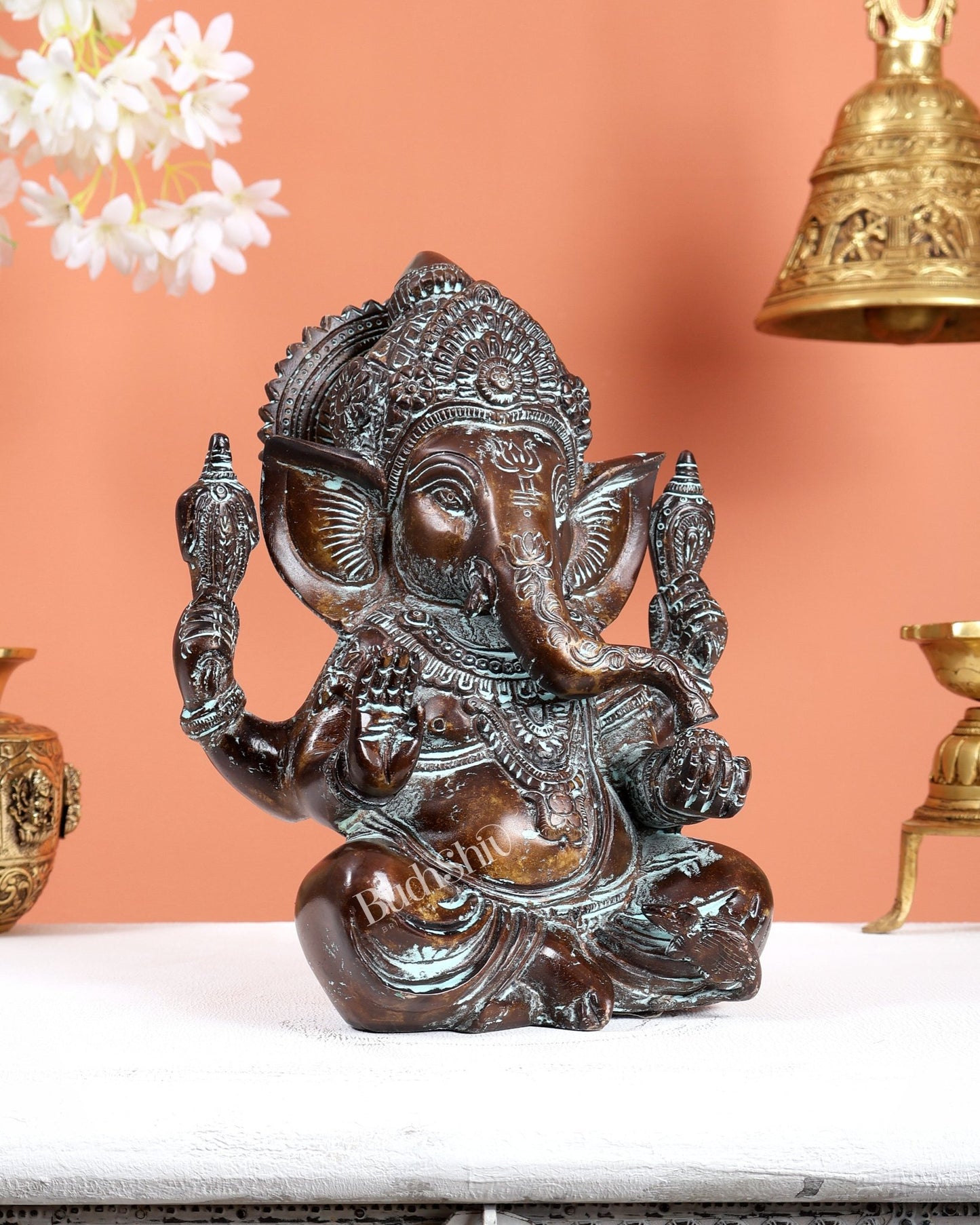 Brass Ganesha Statue 8.5 inch super antique tone - Budhshiv.com