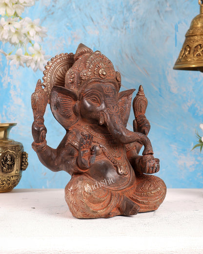 Brass Ganesha Statue 8.5 red sand silver patina - Budhshiv.com
