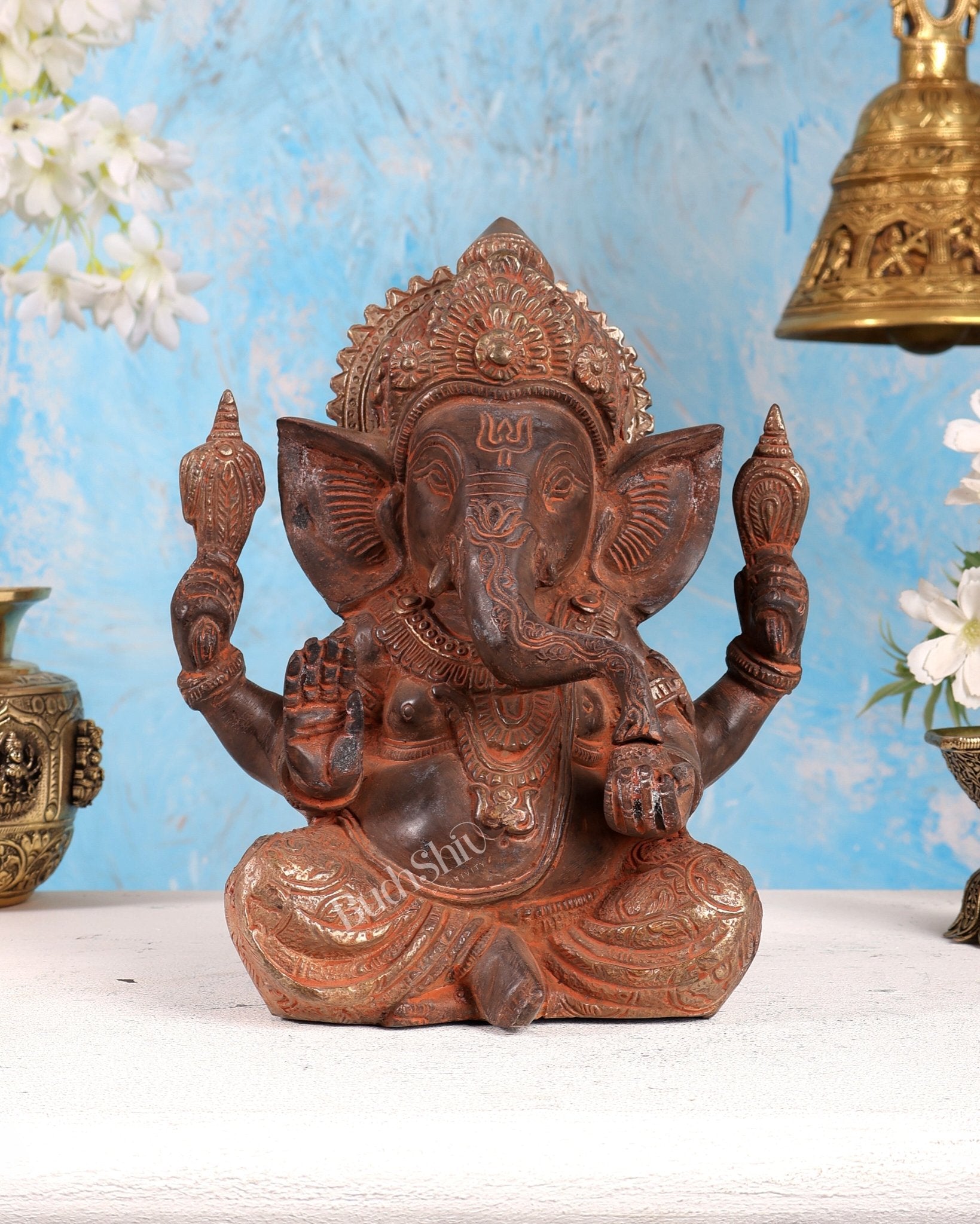 Brass Ganesha Statue 8.5 red sand silver patina - Budhshiv.com