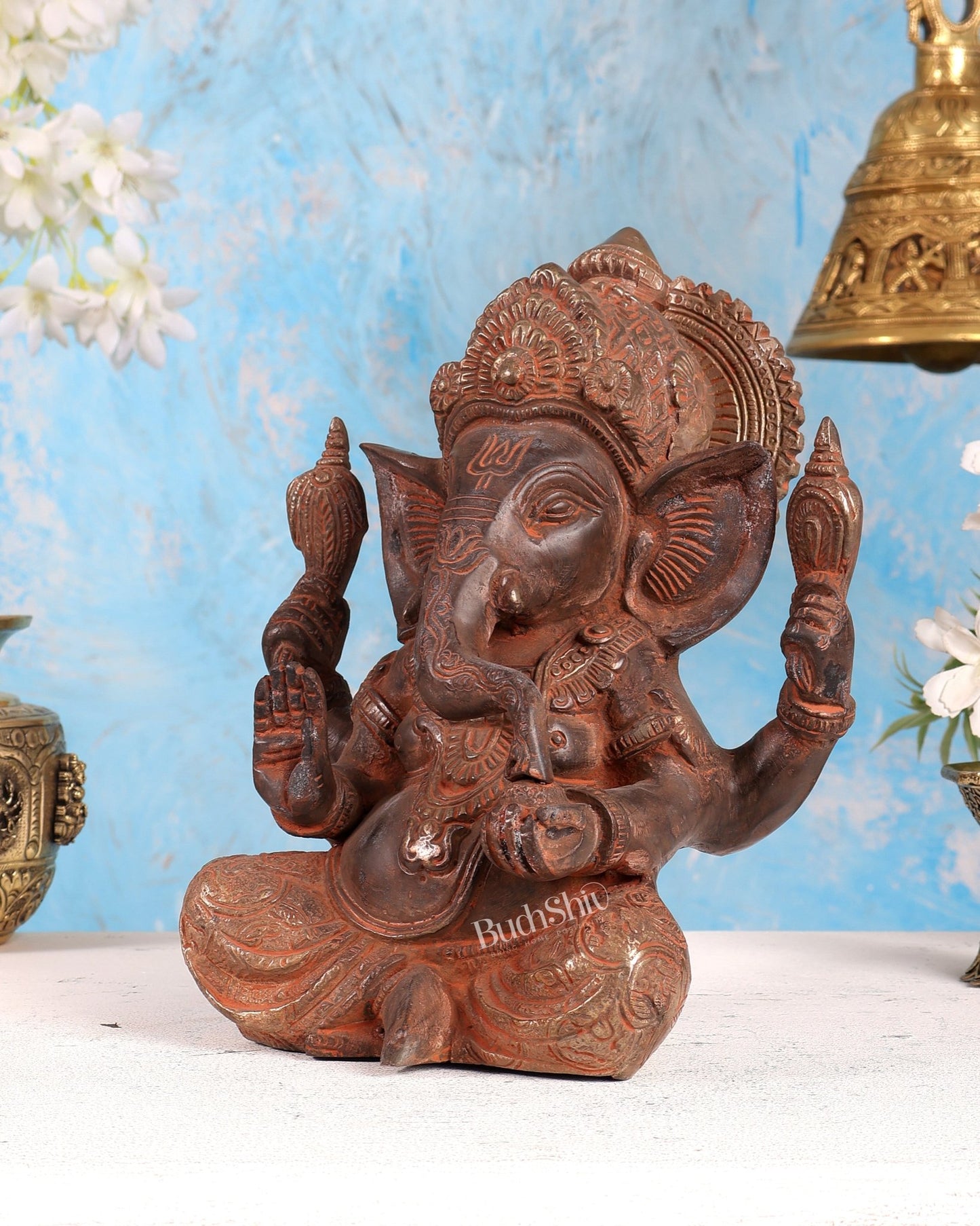 Brass Ganesha Statue 8.5 red sand silver patina - Budhshiv.com