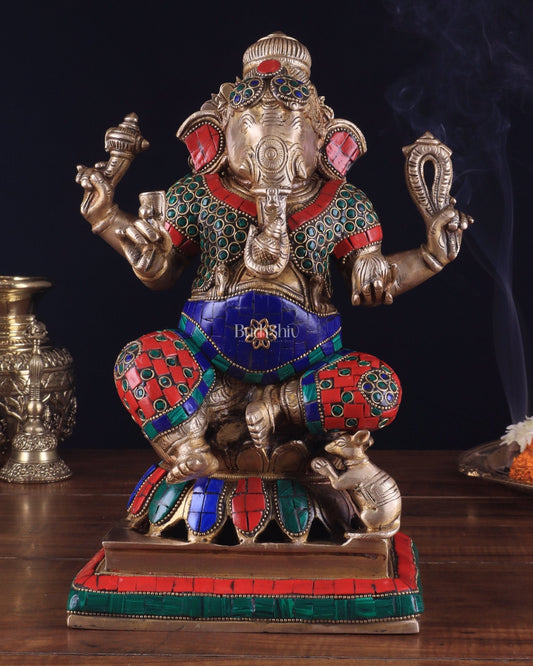 Brass Ganesha Statue - Divine Chola art 12" Right side trunk Multicolour - Budhshiv.com