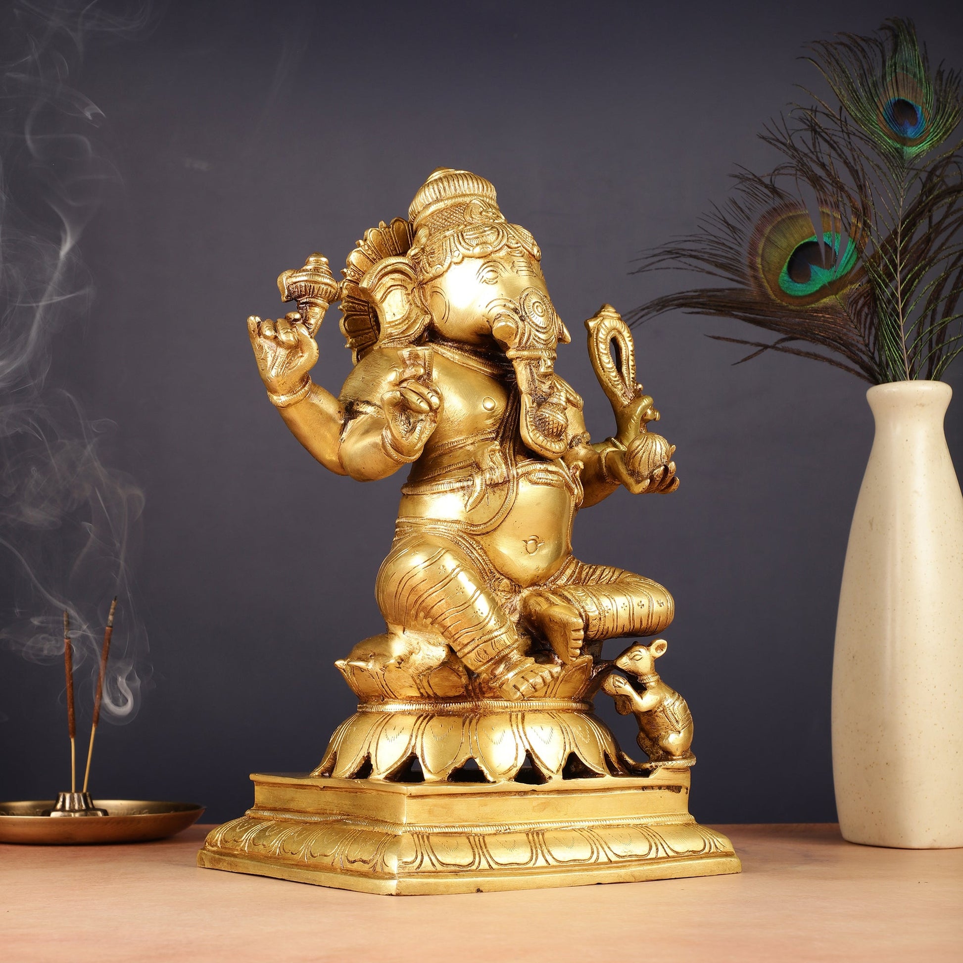Brass Ganesha Statue - Divine Chola art 12" Right side trunk - Budhshiv.com