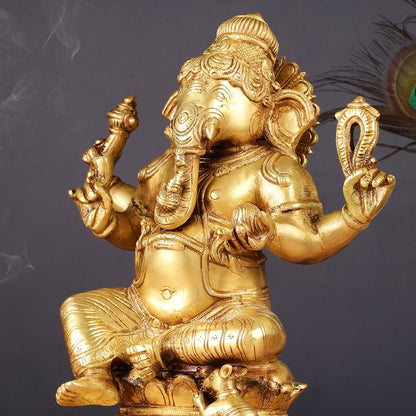 Brass Ganesha Statue - Divine Chola art 12" Right side trunk - Budhshiv.com