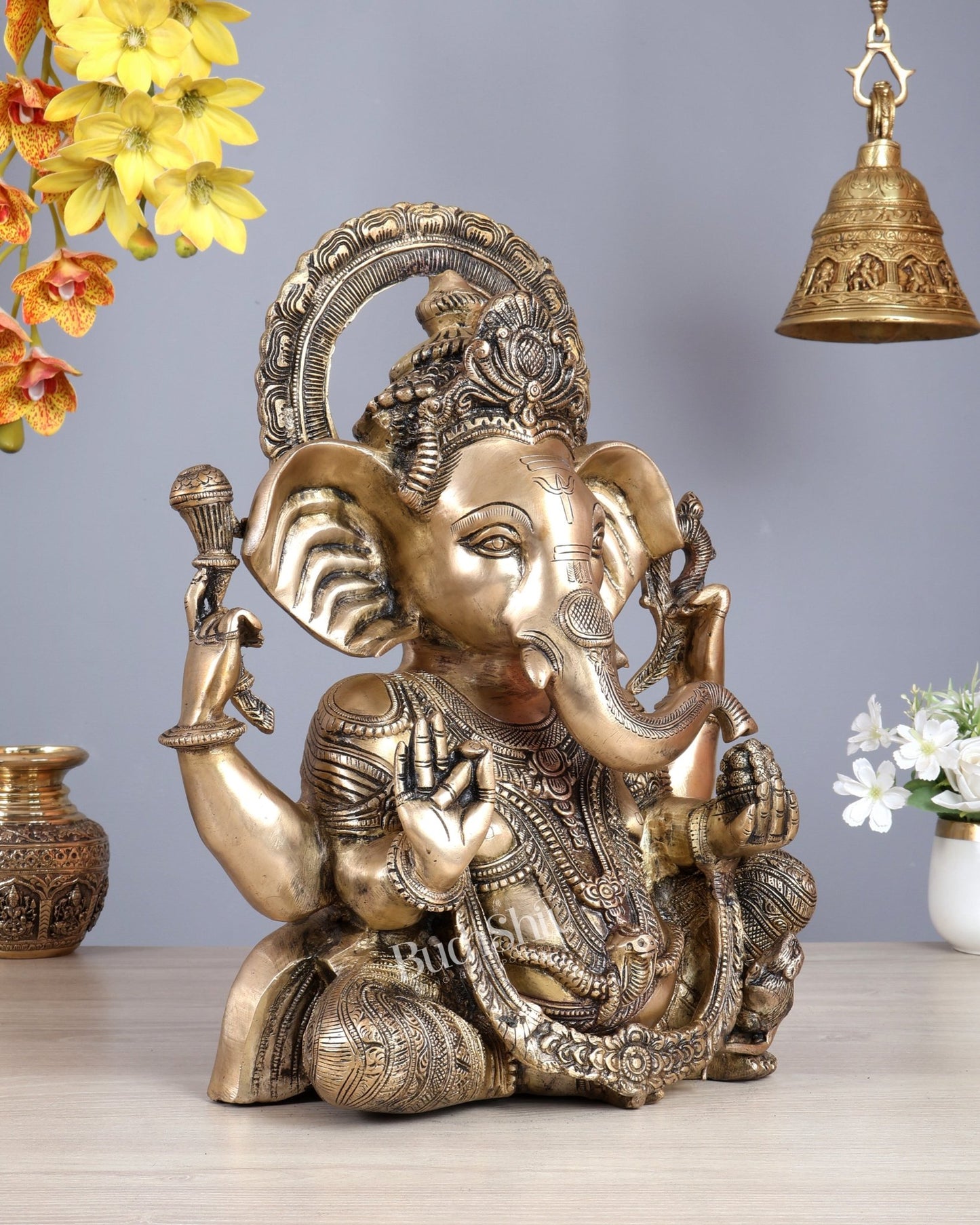 Brass Ganesha Statue in Matte Finish – Unique Handcrafted Sacred Sculpture 16.5 inch - Budhshiv.com